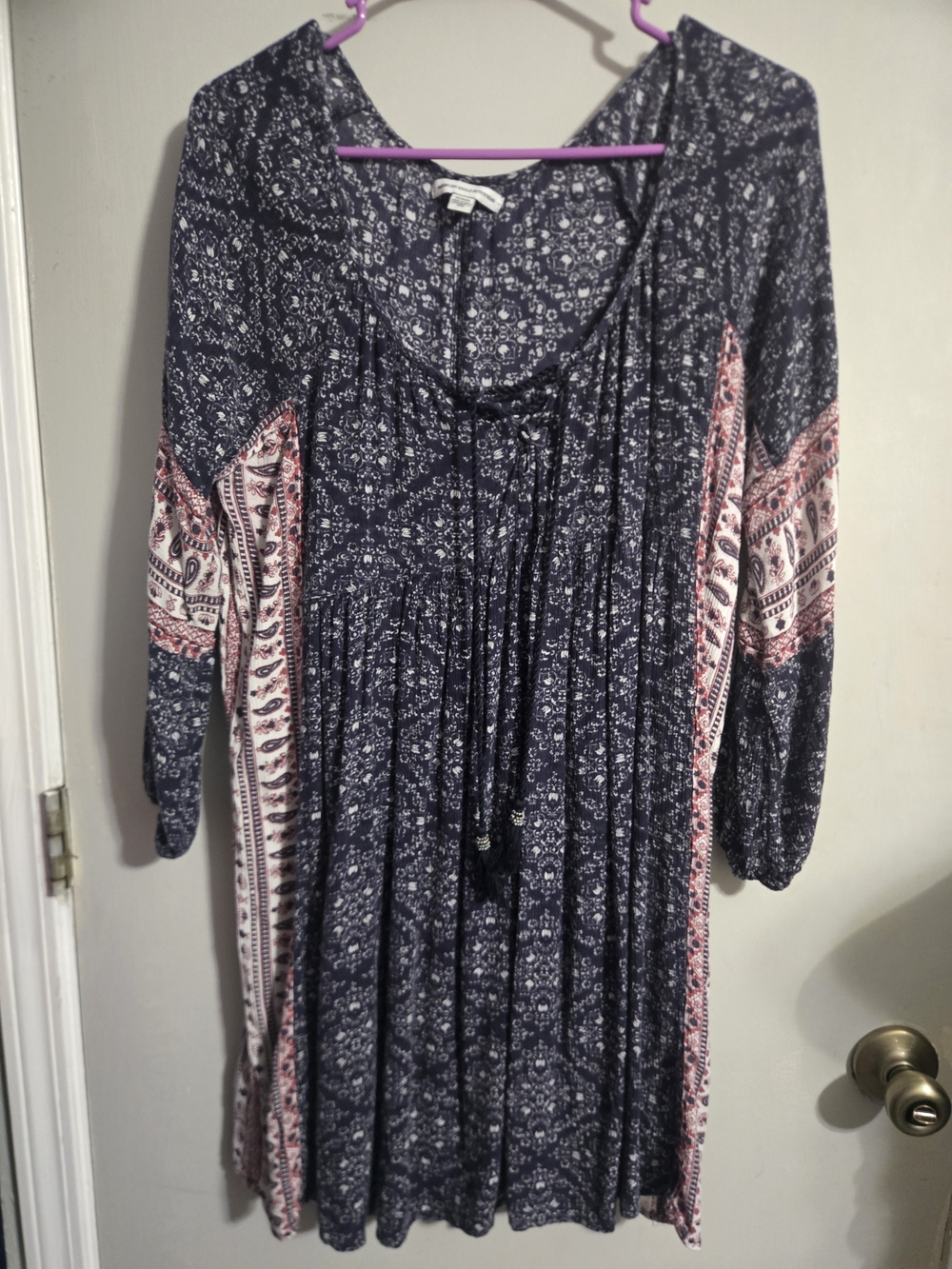 Boho Navy and Pink Printed Peasant Dress